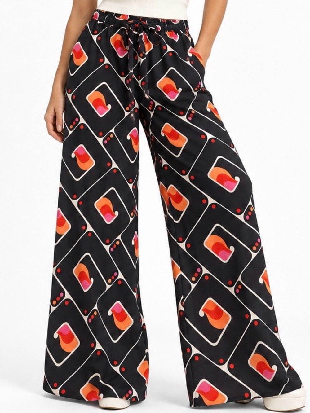 Zara Retro Abstract Print Wide Leg Pants Black Orange Pink Y2K Size M